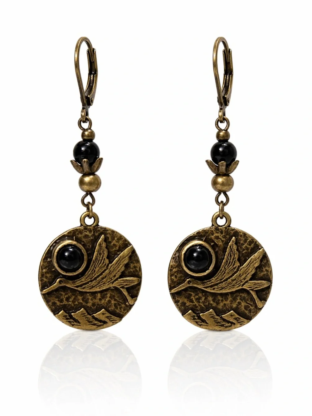 Antique Bronze Bird Earrings Black Stone Dangle Boho Lightweight - Picture 4 of 9